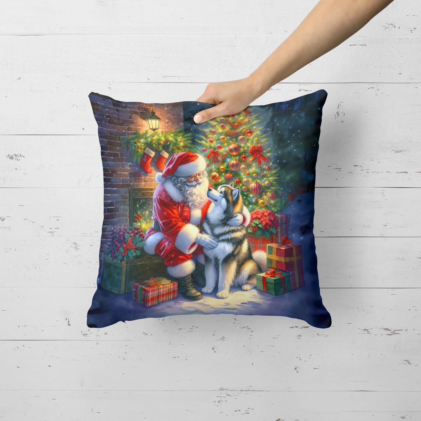 Alaskan Malamute and Santa Claus Throw Pillow