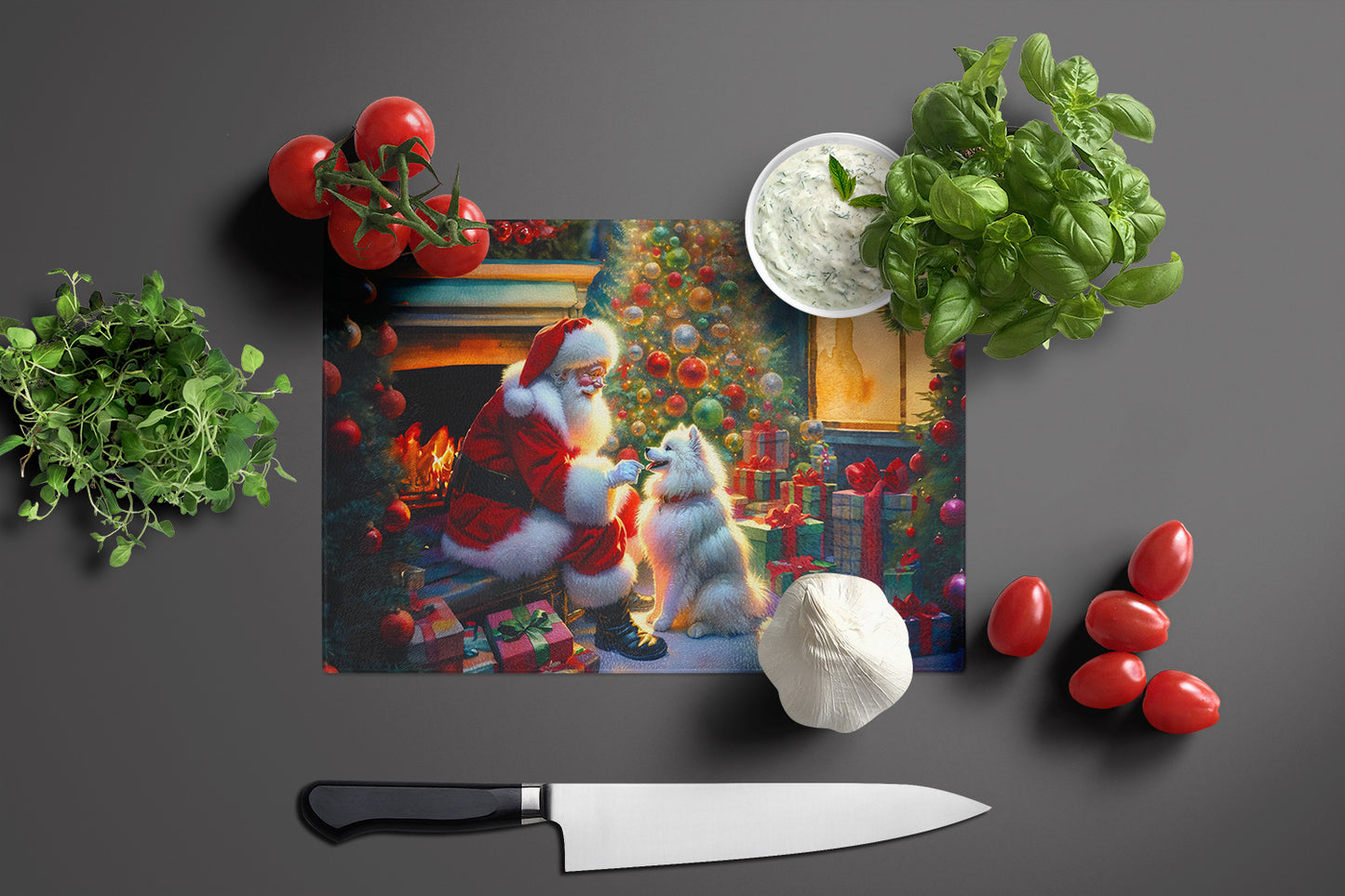 American Eskimo and Santa Claus Glass Cutting Board