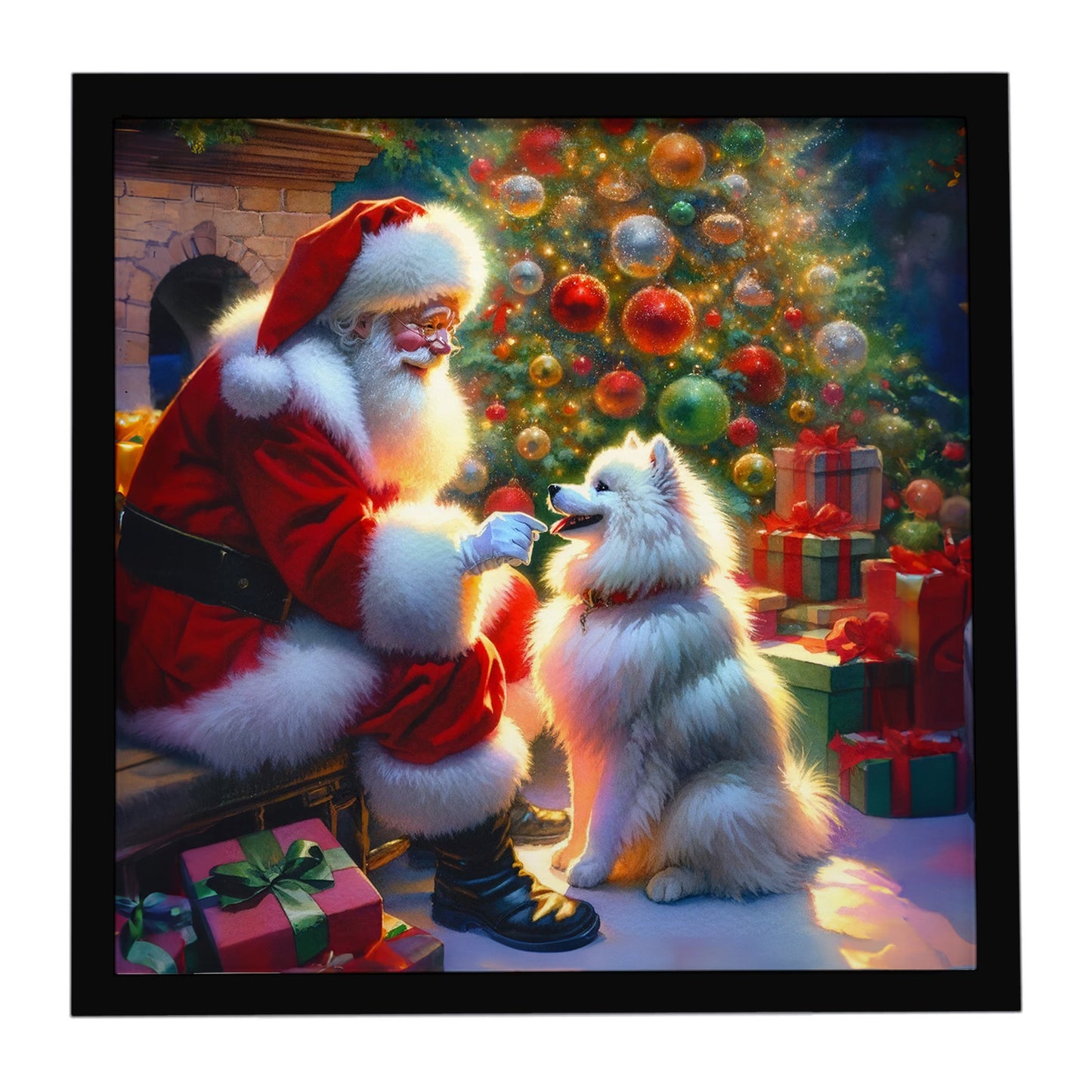 Buy this American Eskimo and Santa Claus Framed Metal Print