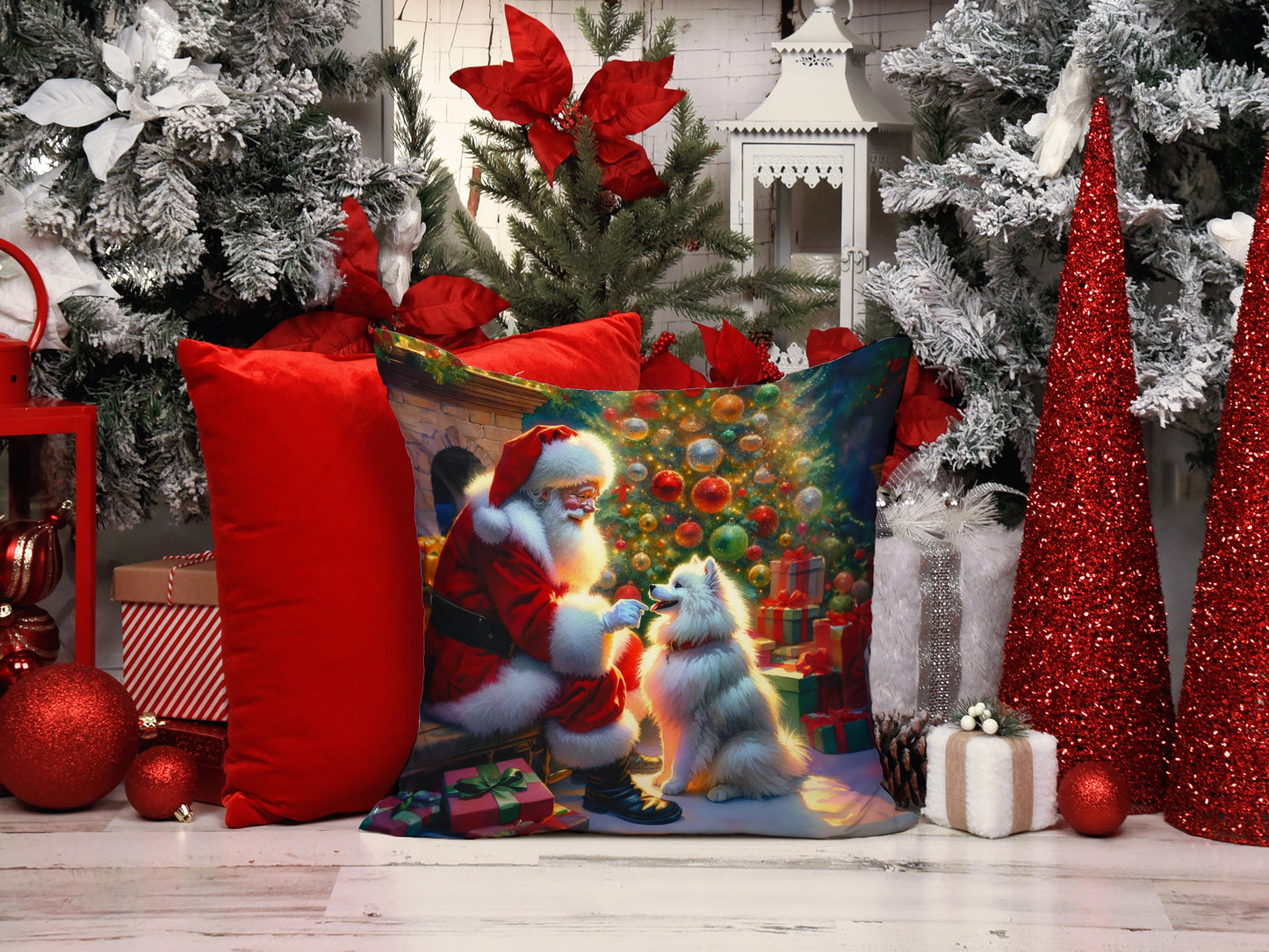 American Eskimo and Santa Claus Throw Pillow