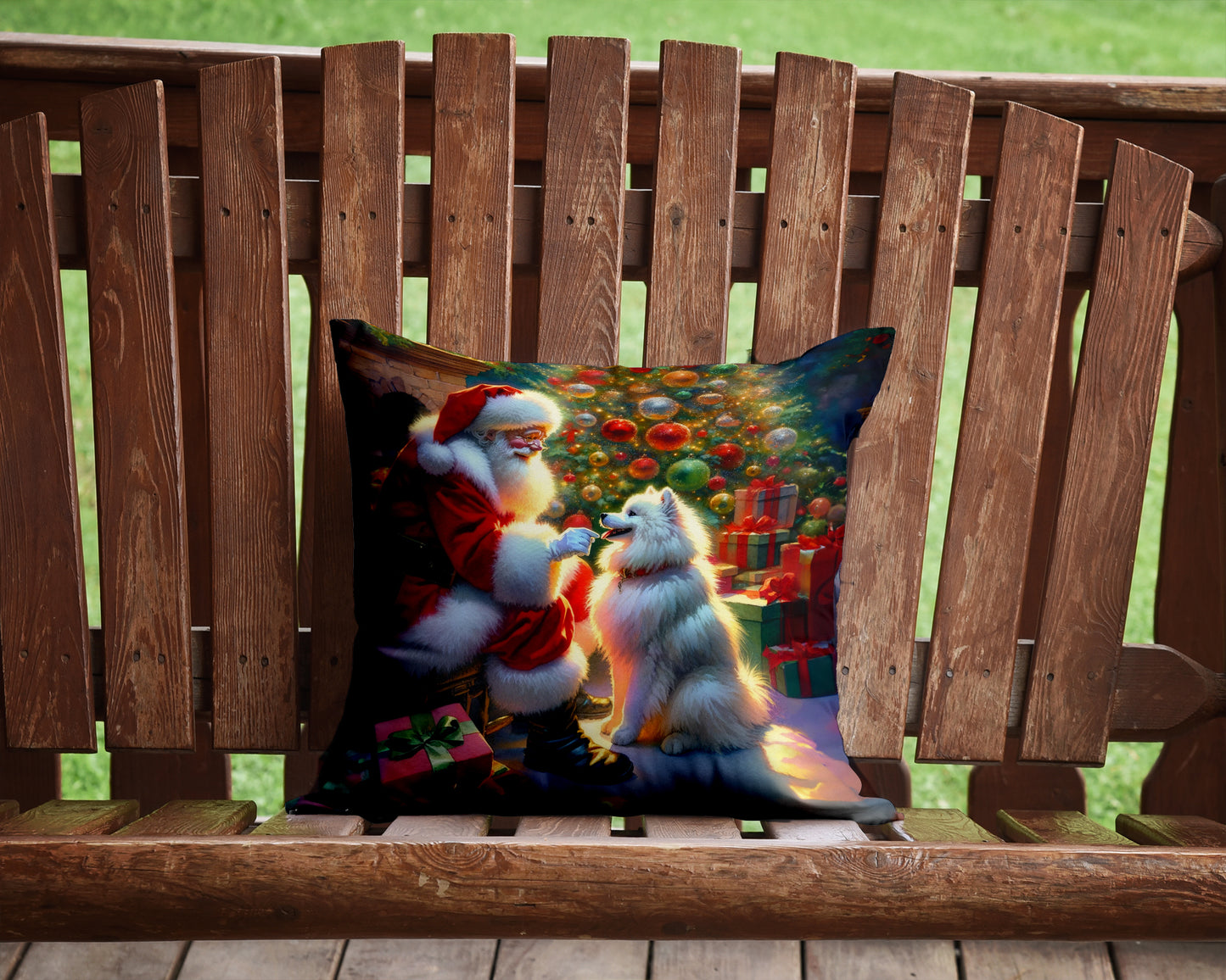 American Eskimo and Santa Claus Throw Pillow