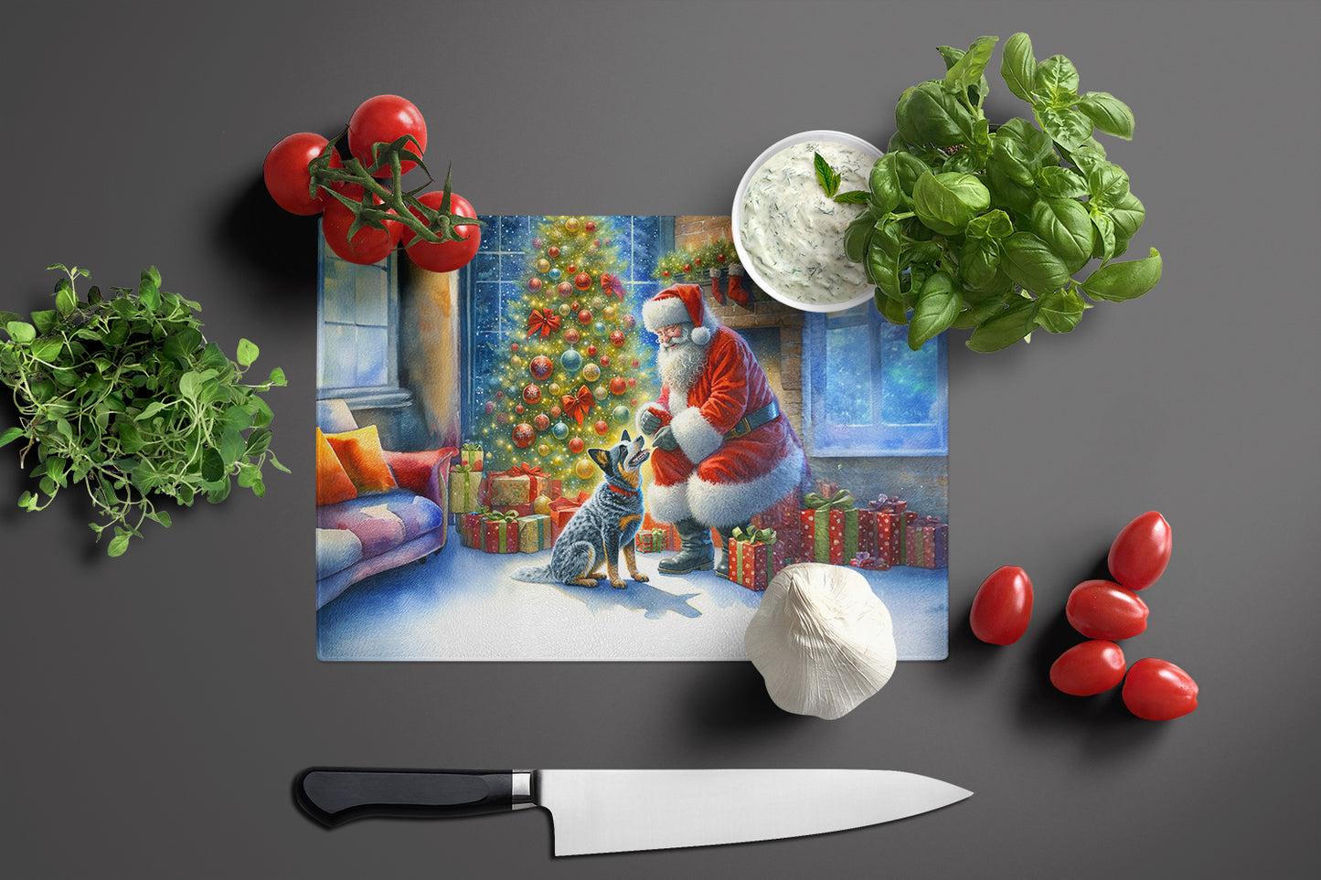 Australian Cattle Dog and Santa Claus Glass Cutting Board