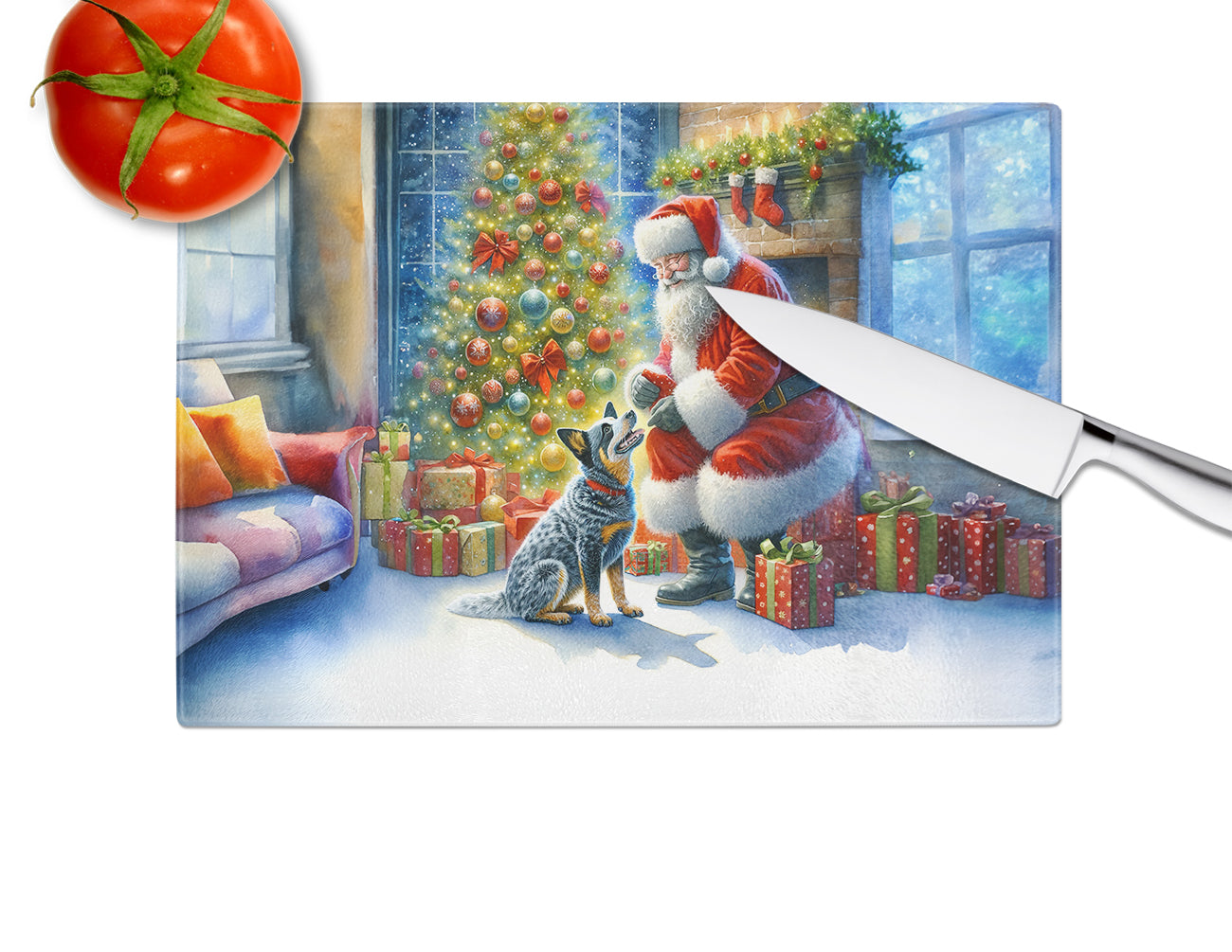 Australian Cattle Dog and Santa Claus Glass Cutting Board