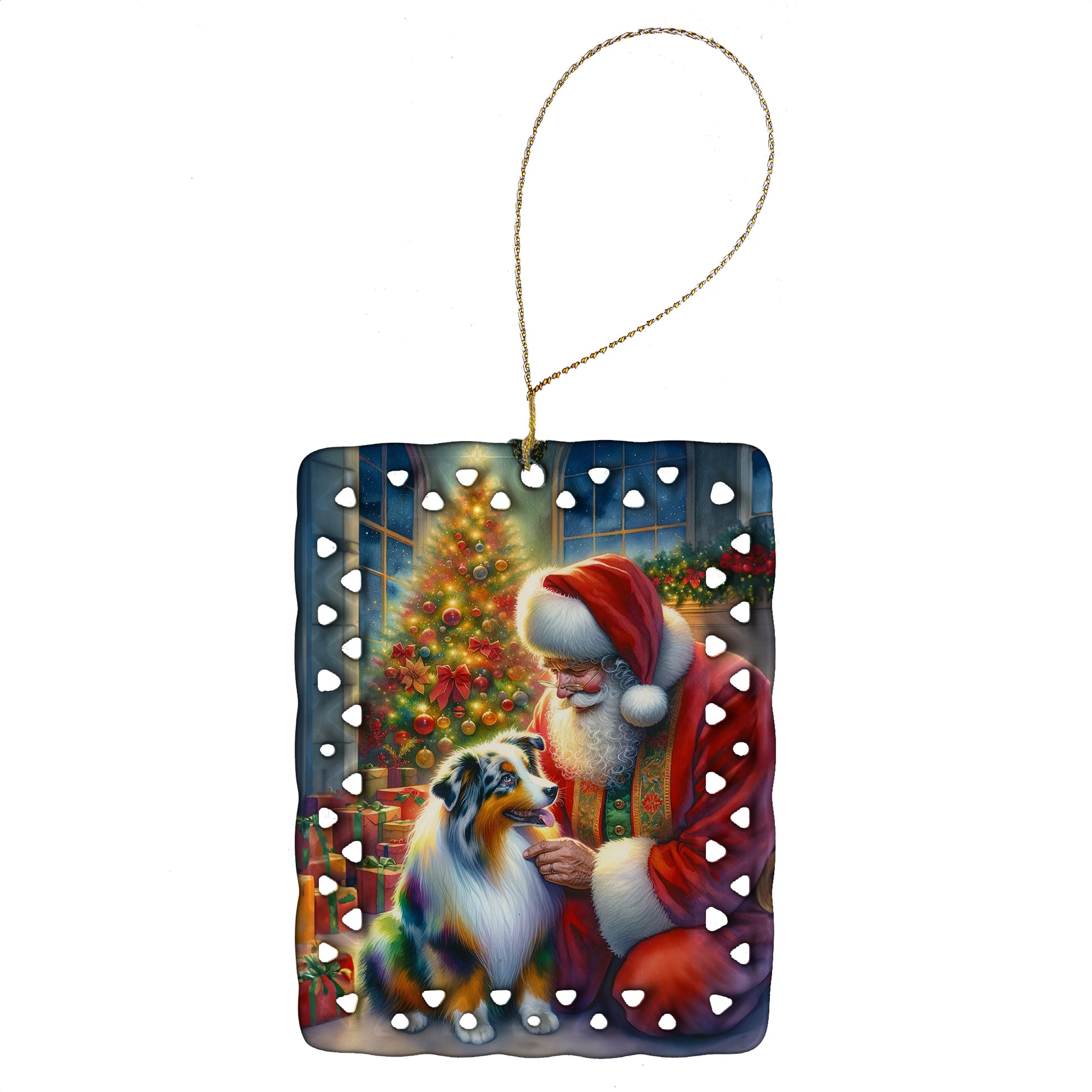 Buy this Australian Shepherd and Santa Claus Porcelain Ornament