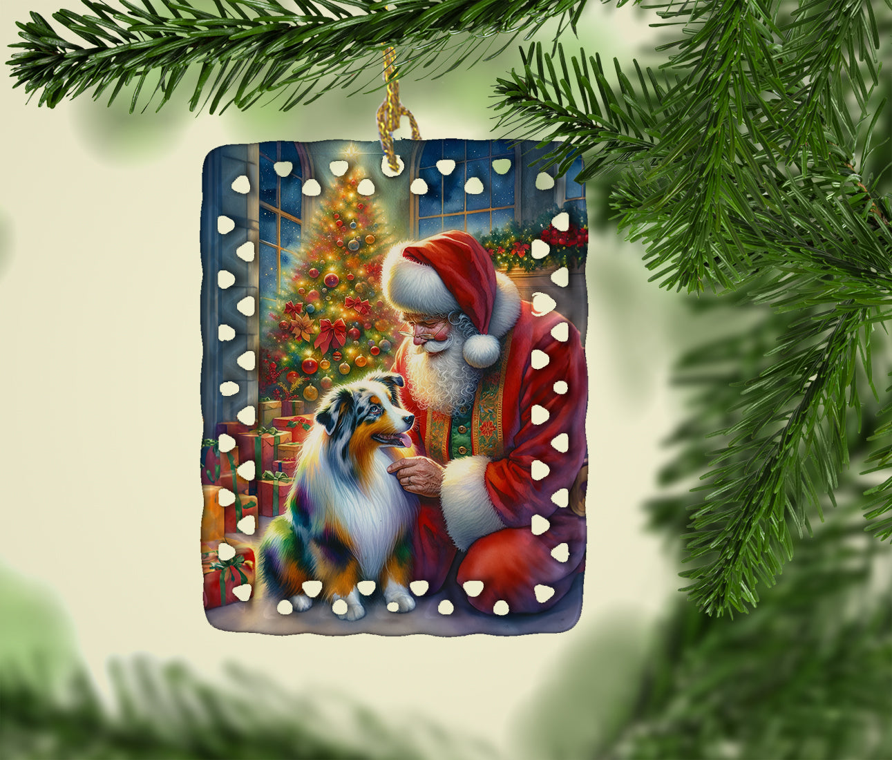 Australian Shepherd and Santa Claus Porcelain Ornament