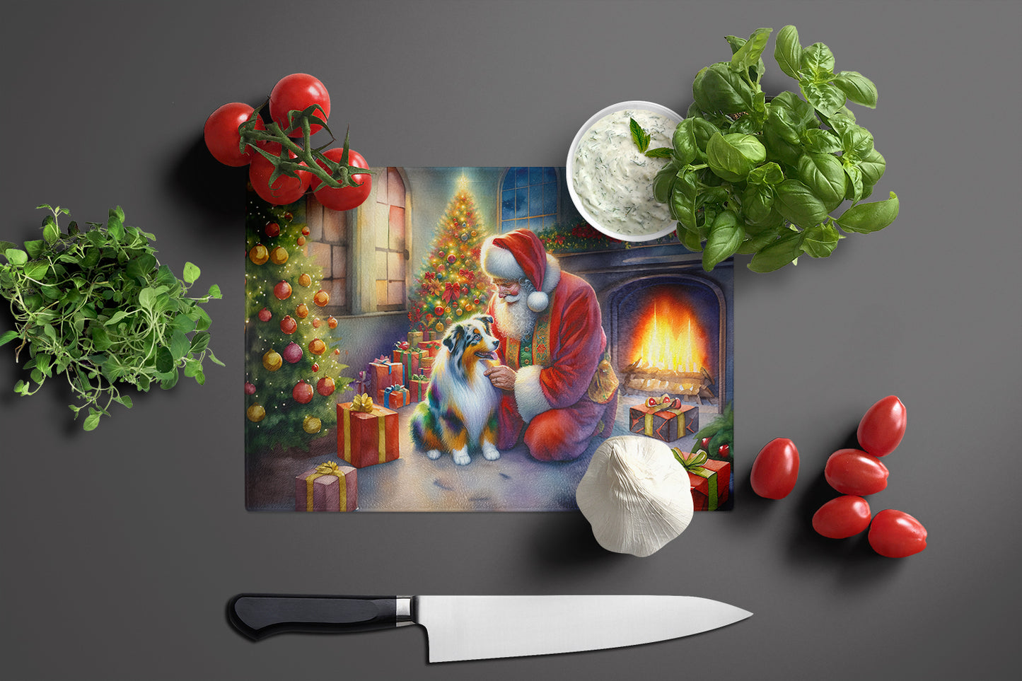 Australian Shepherd and Santa Claus Glass Cutting Board