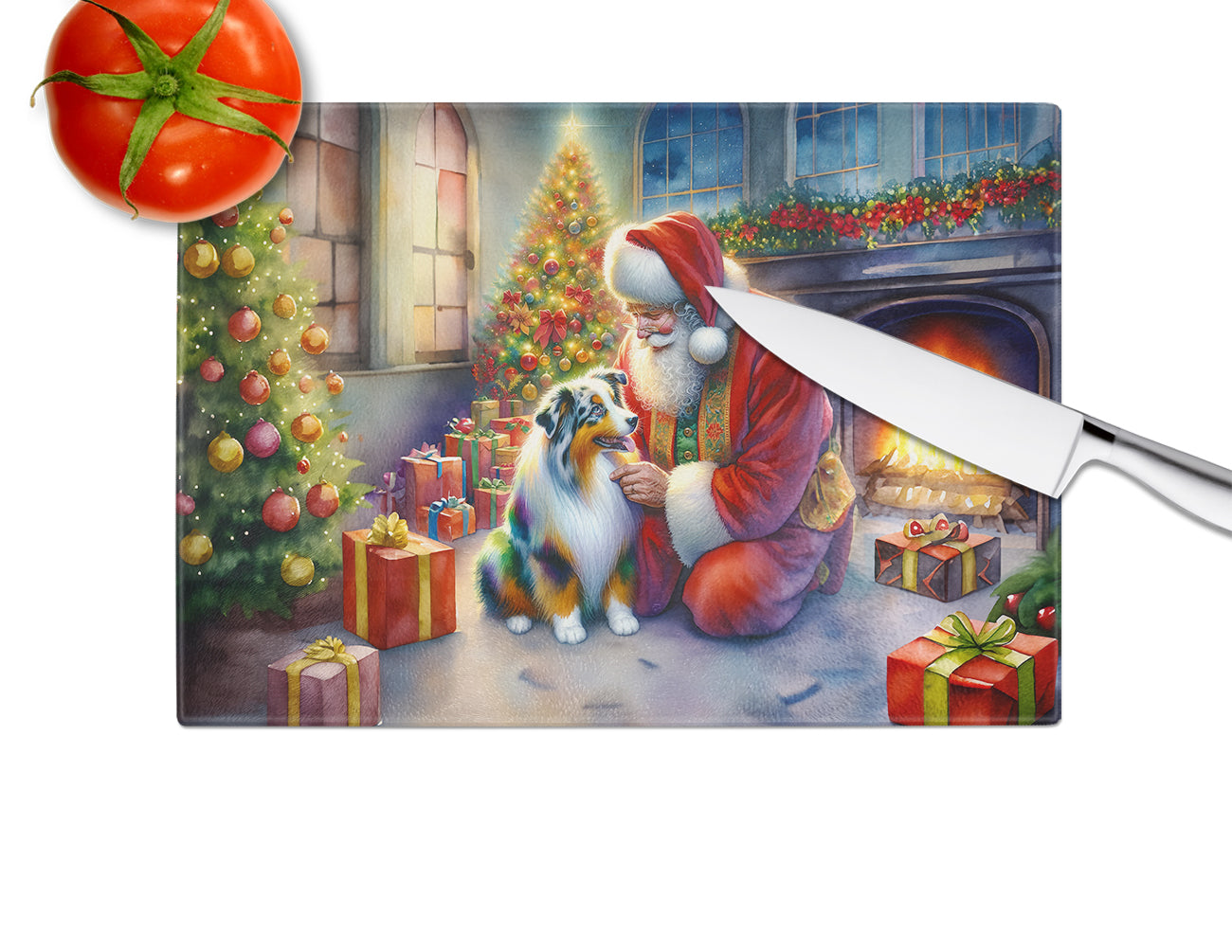 Australian Shepherd and Santa Claus Glass Cutting Board