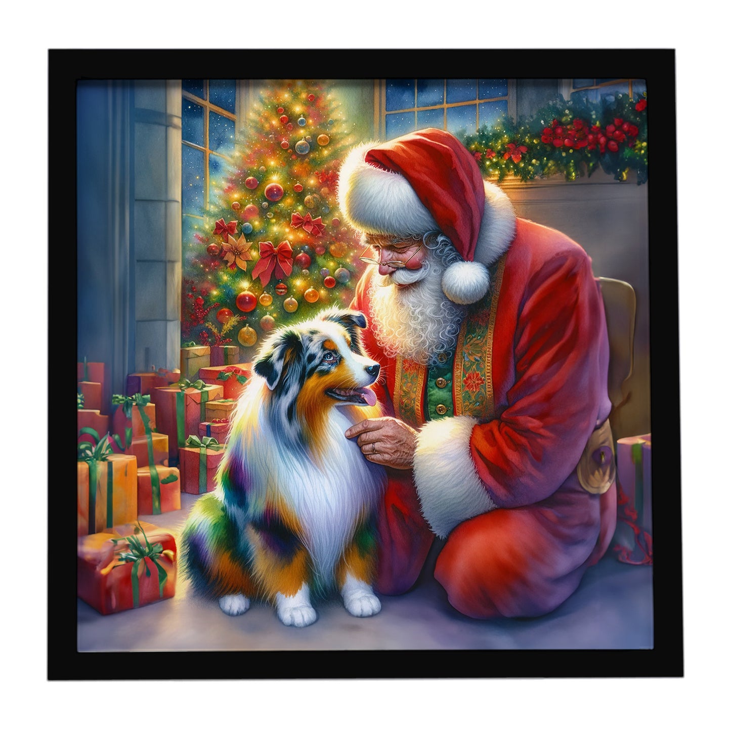Buy this Australian Shepherd and Santa Claus Framed Metal Print