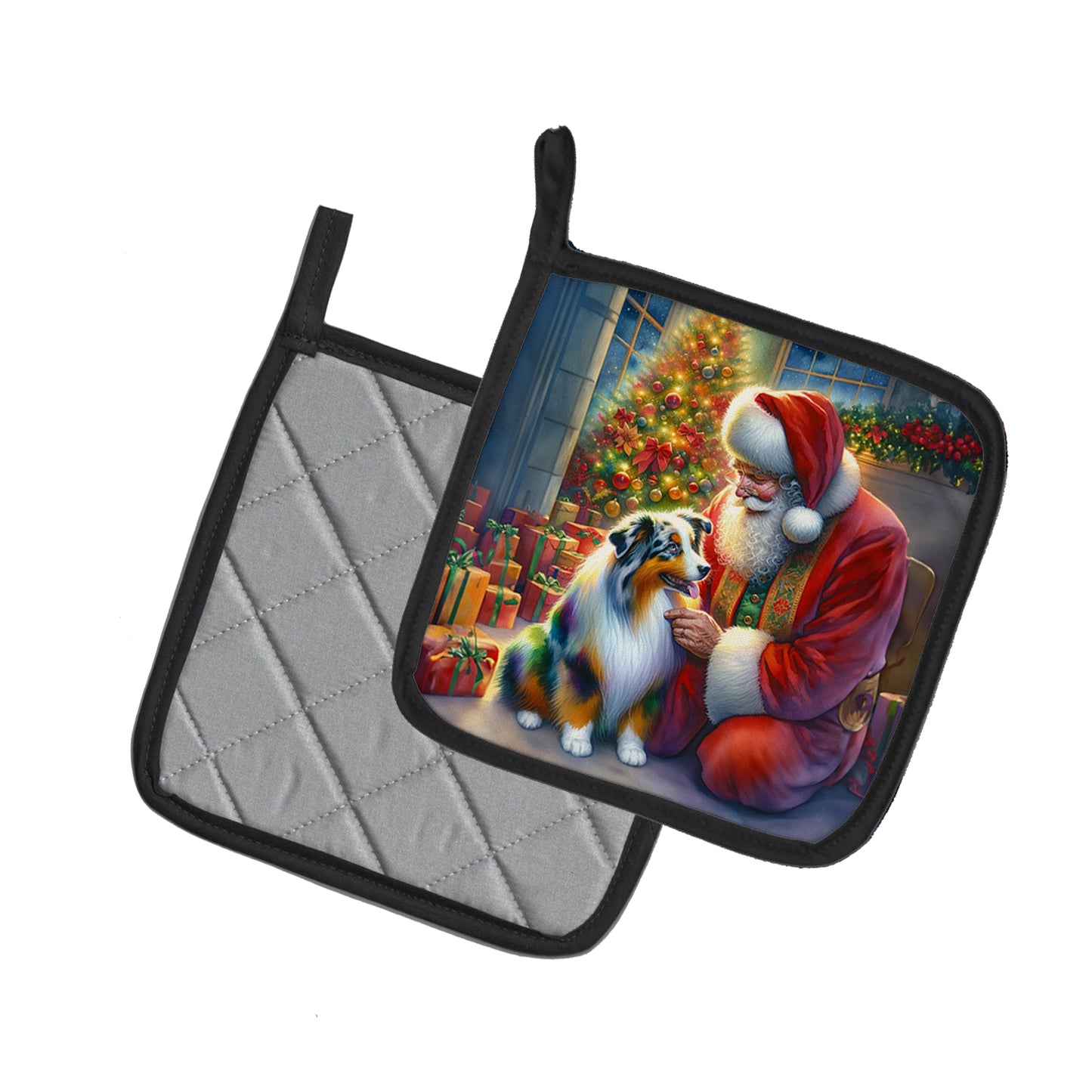 Australian Shepherd and Santa Claus Pair of Pot Holders