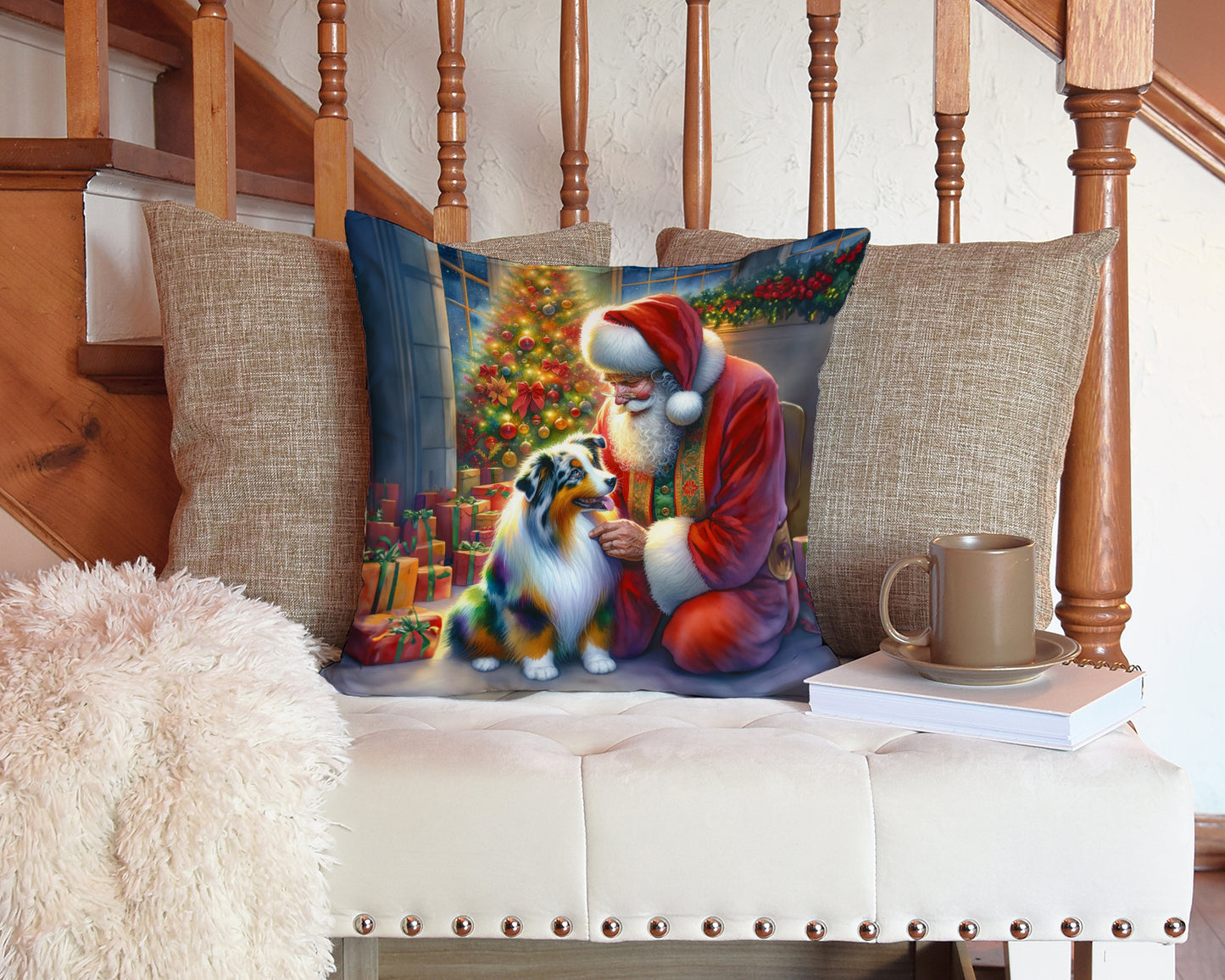 Australian Shepherd and Santa Claus Throw Pillow