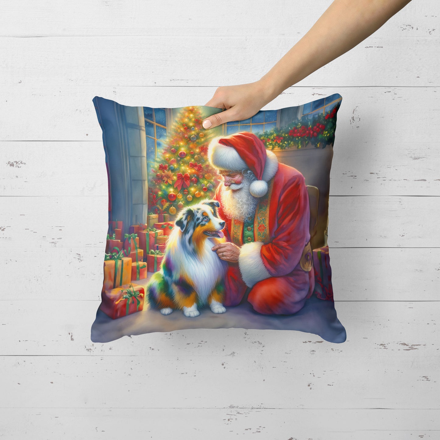 Australian Shepherd and Santa Claus Throw Pillow