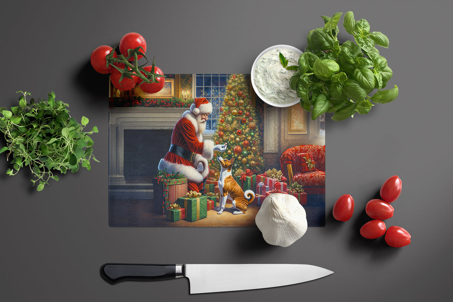 Basenji and Santa Claus Glass Cutting Board