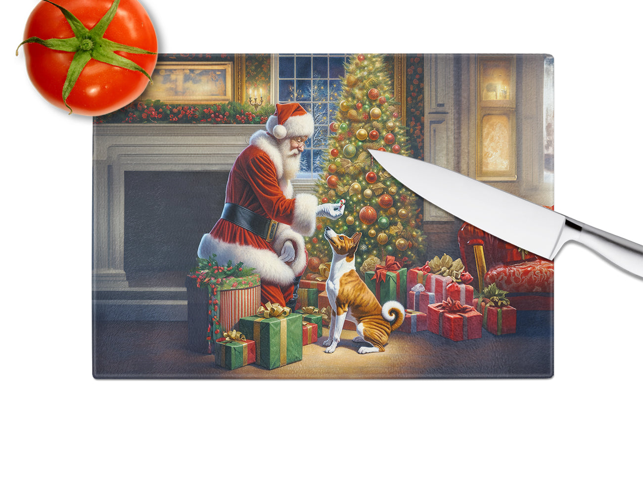 Basenji and Santa Claus Glass Cutting Board