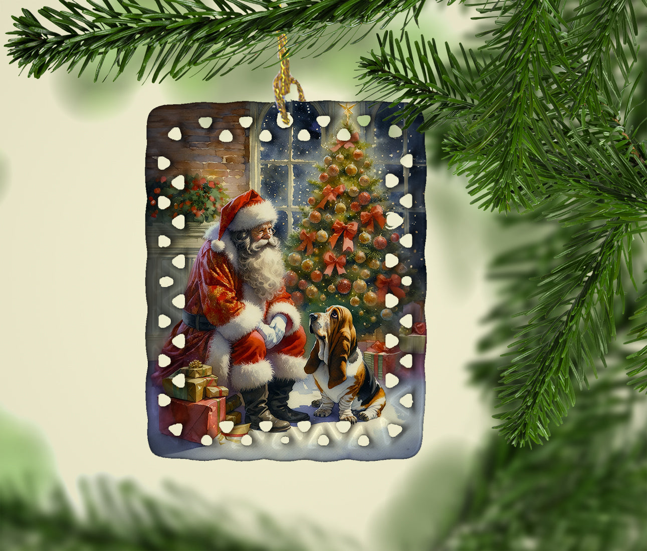 Basset Hound and Santa Claus Porcelain Ornament