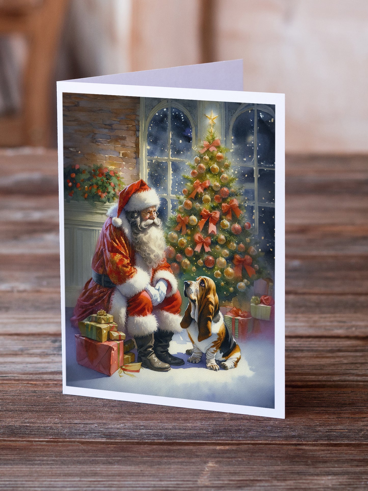 Basset Hound and Santa Claus Greeting Cards Pack of 8