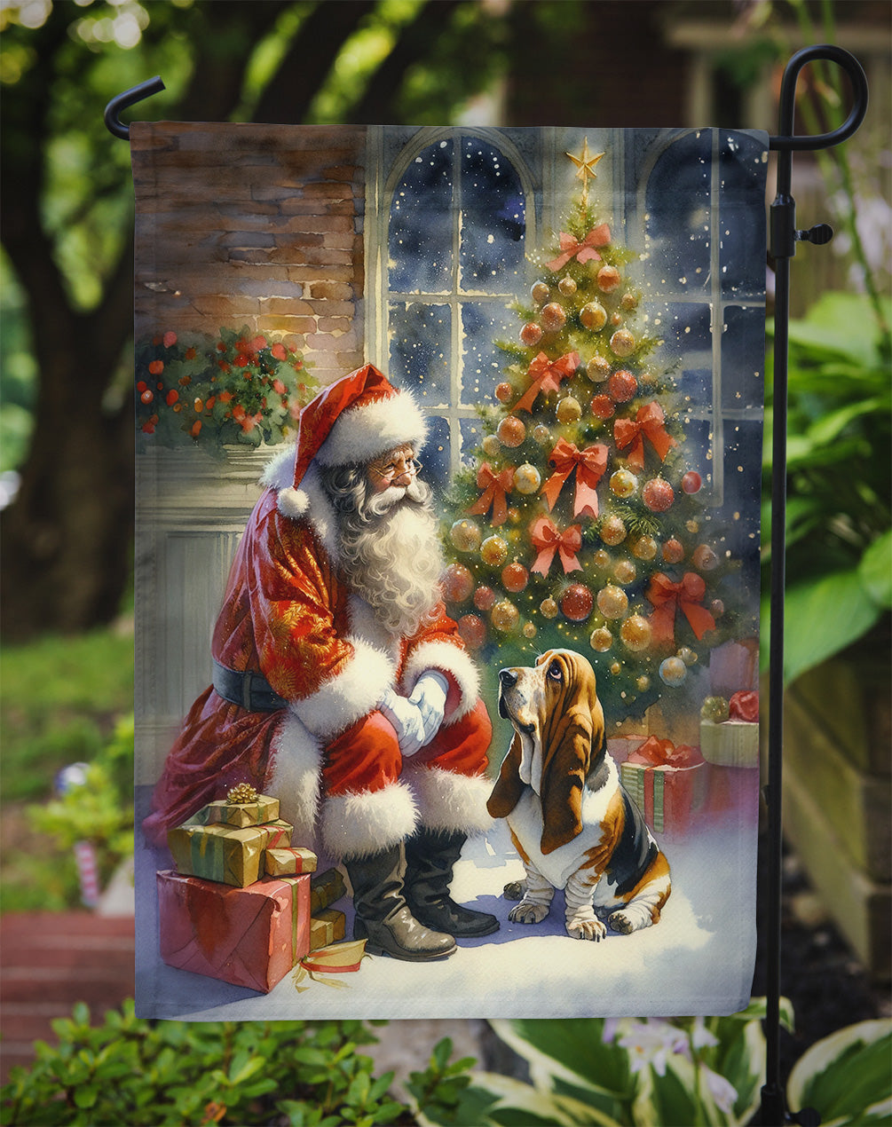 Basset Hound and Santa Claus Garden Flag