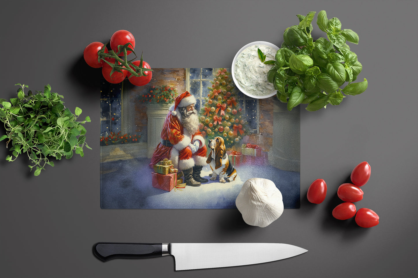 Basset Hound and Santa Claus Glass Cutting Board