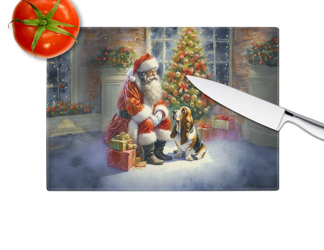 Basset Hound and Santa Claus Glass Cutting Board