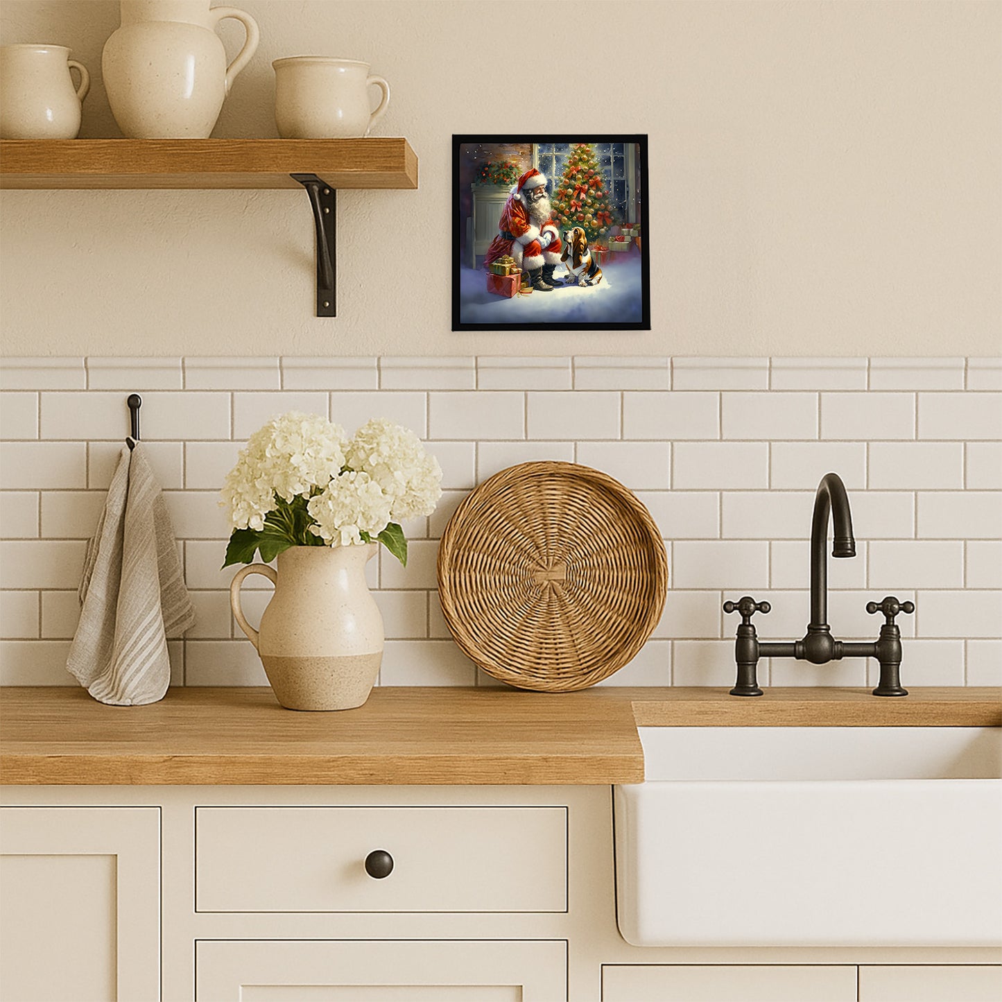Basset Hound and Santa Claus Framed Metal Print