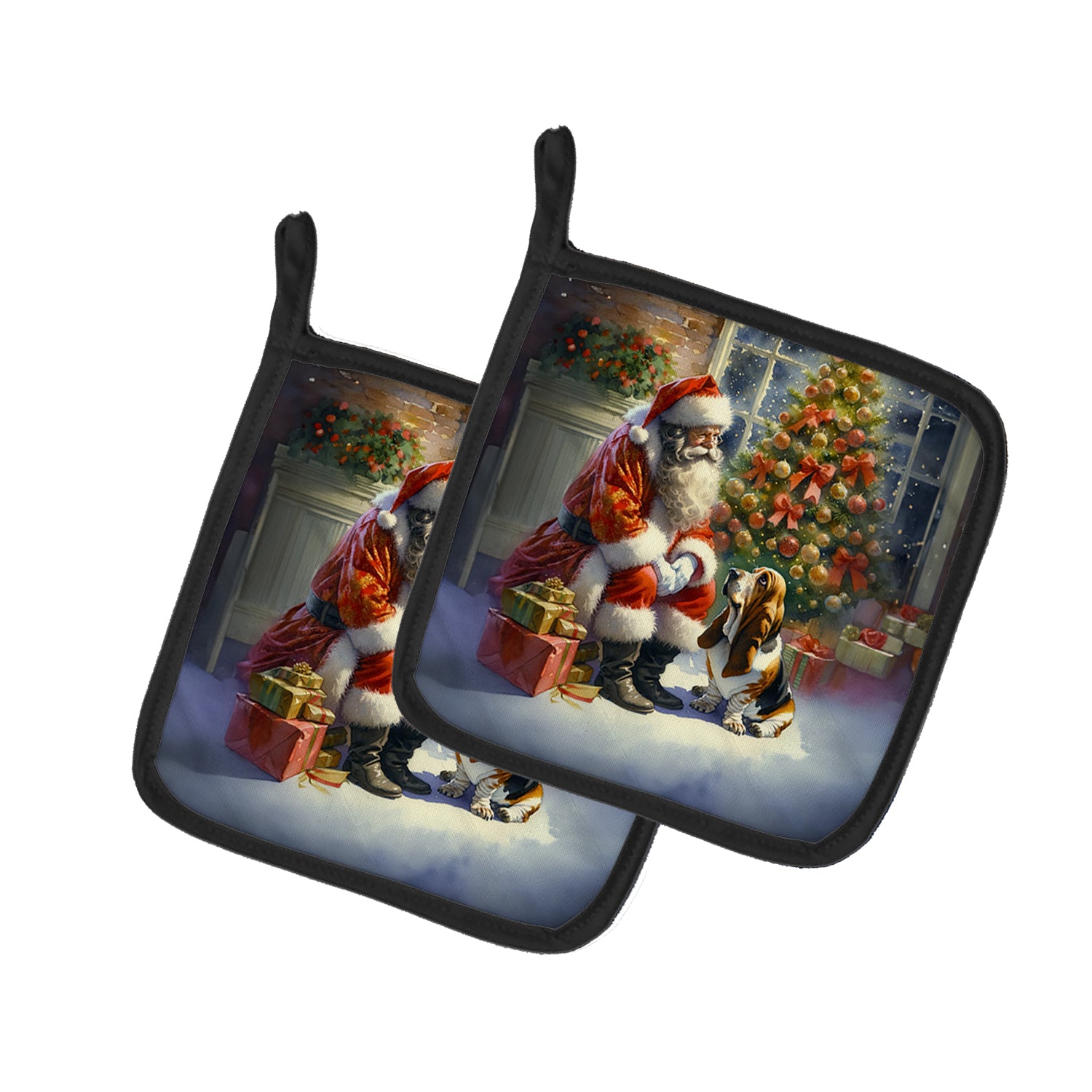 Buy this Basset Hound and Santa Claus Pair of Pot Holders