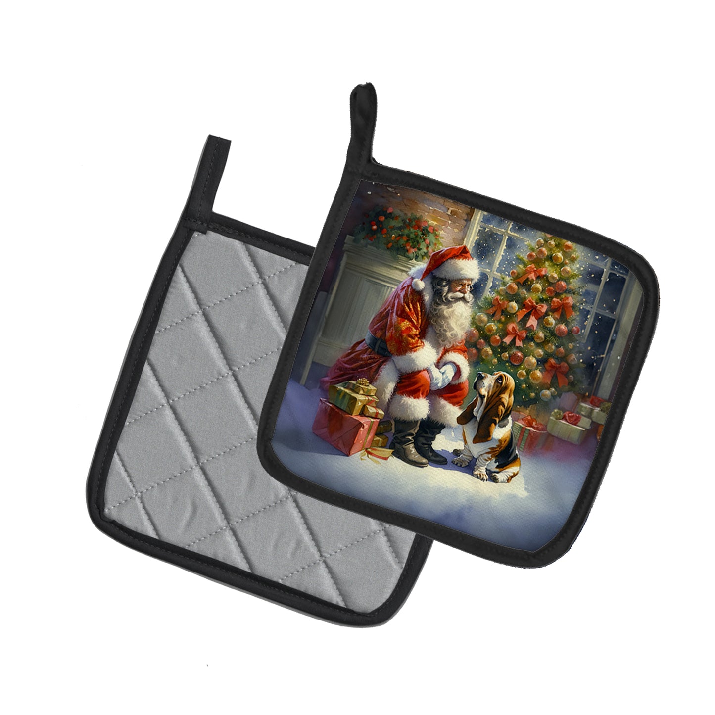 Basset Hound and Santa Claus Pair of Pot Holders