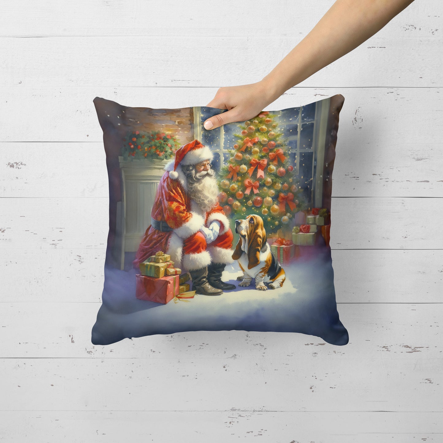 Basset Hound and Santa Claus Throw Pillow