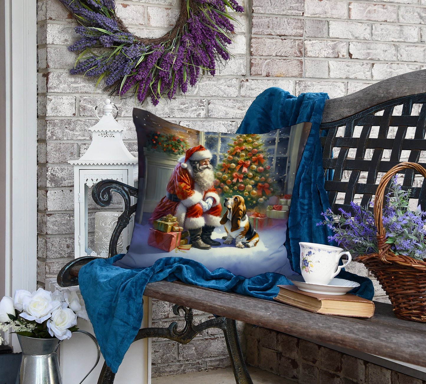 Basset Hound and Santa Claus Throw Pillow