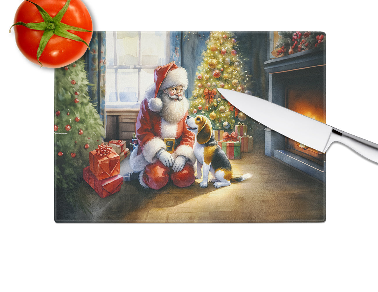 Beagle and Santa Claus Glass Cutting Board