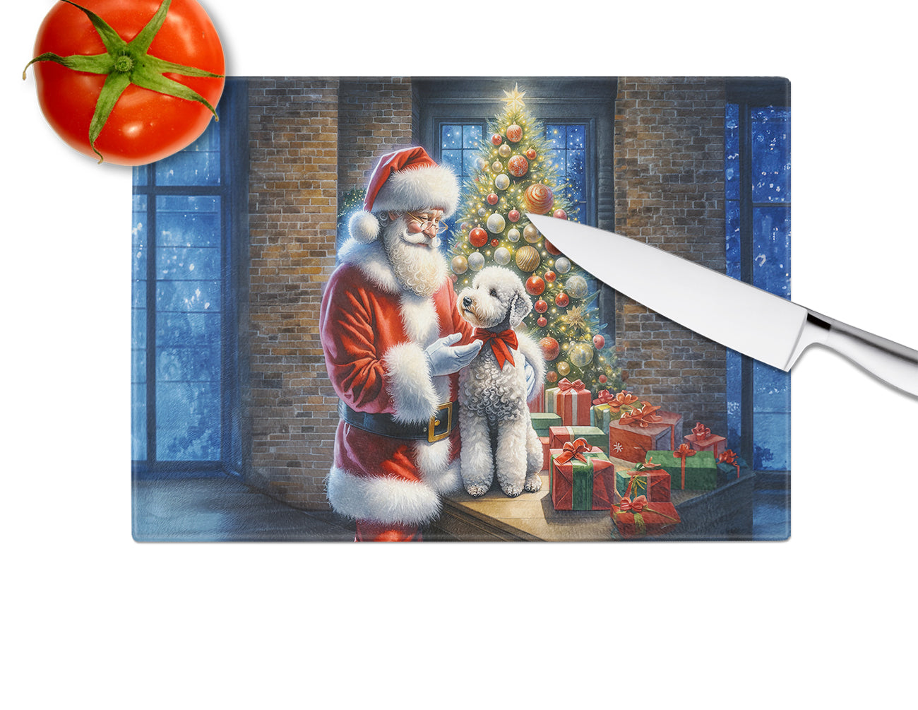 Bedlington Terrier and Santa Claus Glass Cutting Board