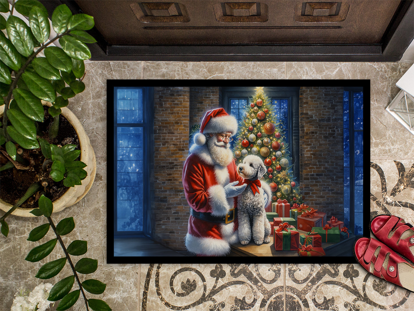 Bedlington Terrier and Santa Claus Doormat