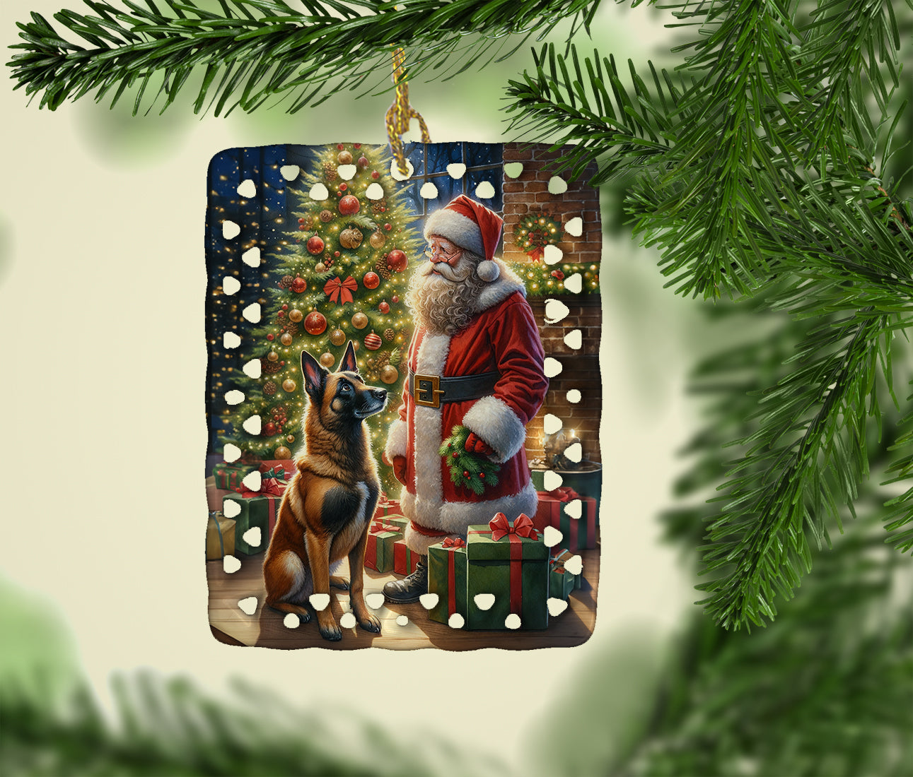 Belgian Malinois and Santa Claus Porcelain Ornament