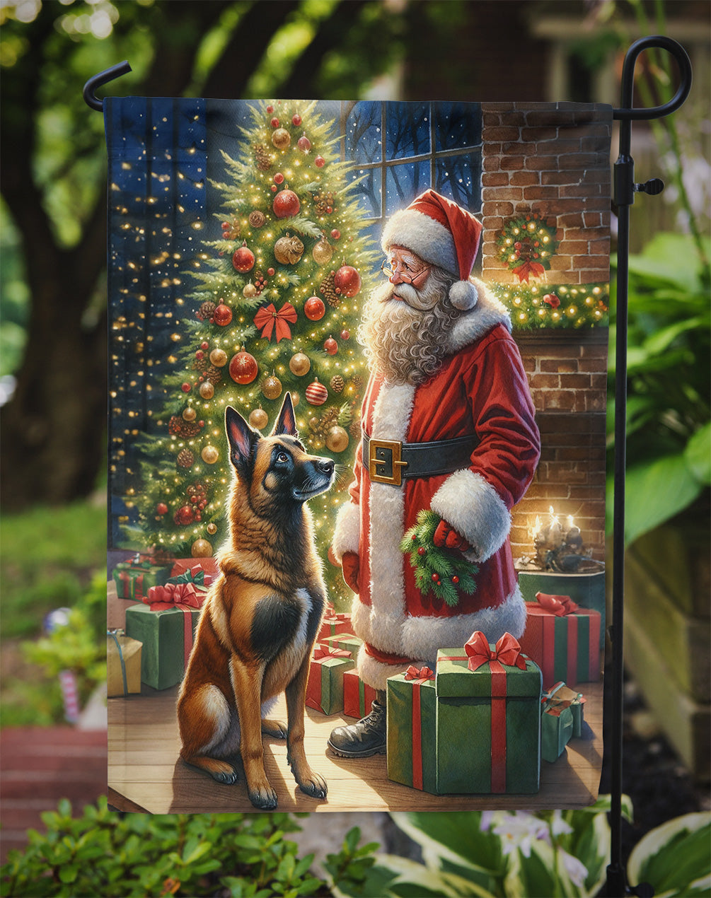 Belgian Malinois and Santa Claus Garden Flag