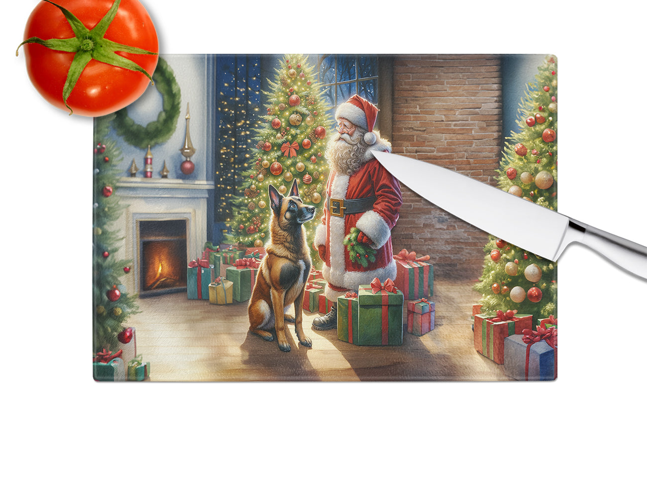 Belgian Malinois and Santa Claus Glass Cutting Board