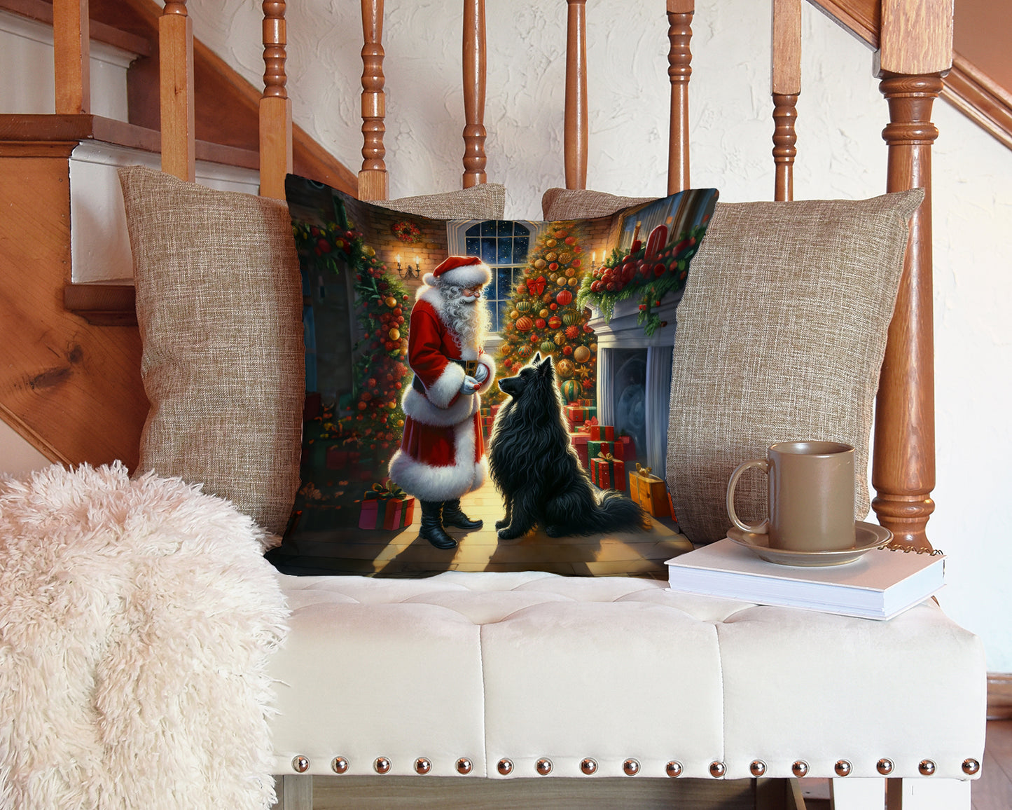 Belgian Sheepdog and Santa Claus Throw Pillow