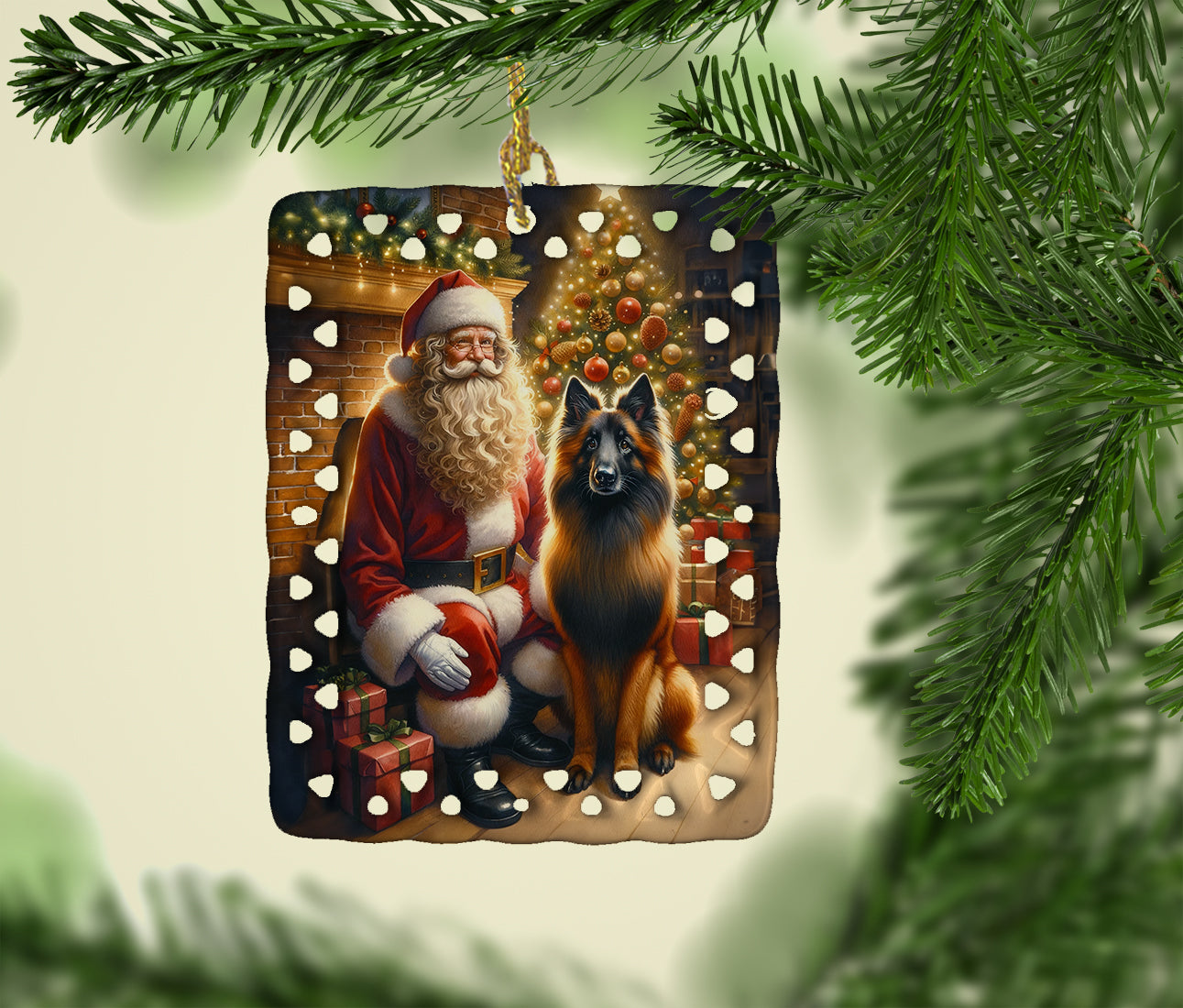 Belgian Tervuren and Santa Claus Porcelain Ornament