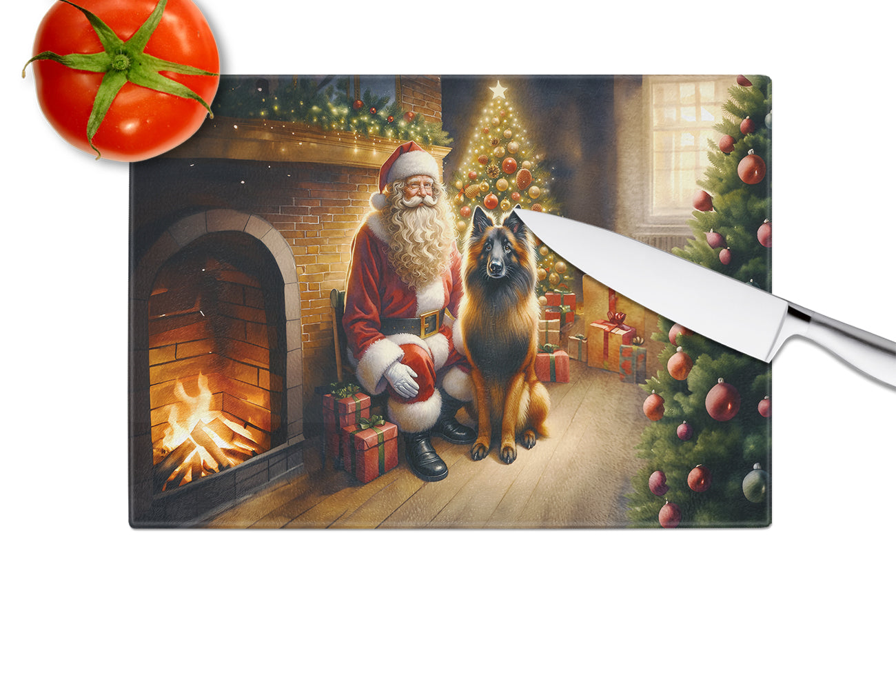 Belgian Tervuren and Santa Claus Glass Cutting Board