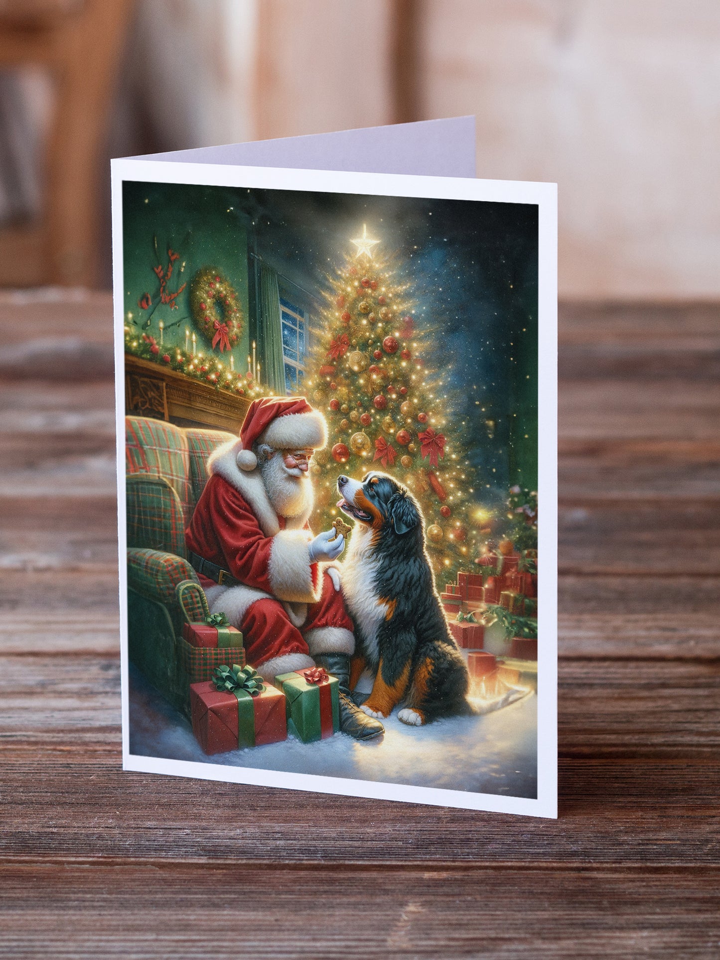 Bernese Mountain Dog and Santa Claus Greeting Cards Pack of 8