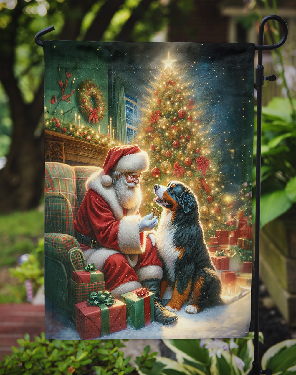 Bernese Mountain Dog and Santa Claus Garden Flag