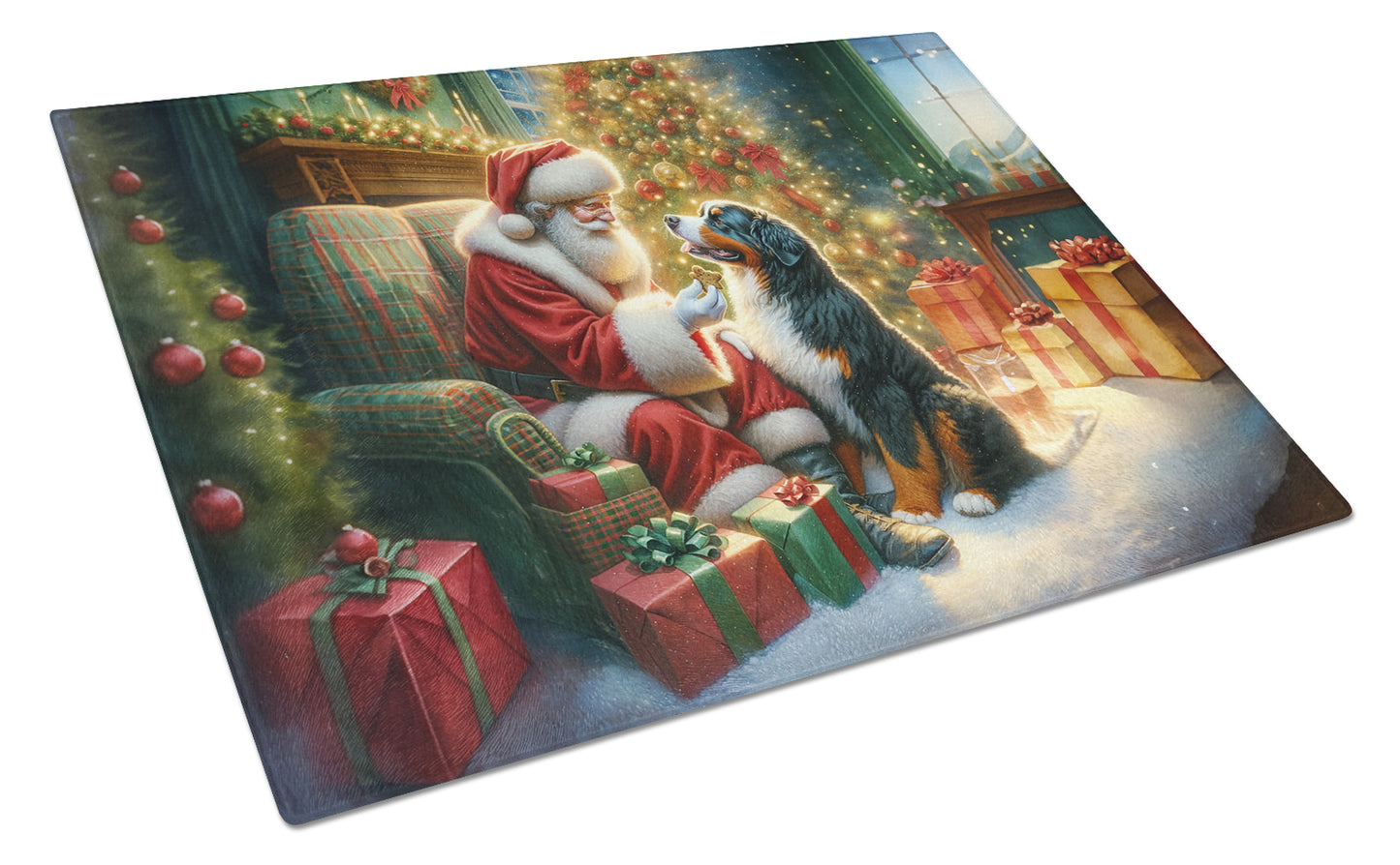 Buy this Bernese Mountain Dog and Santa Claus Glass Cutting Board