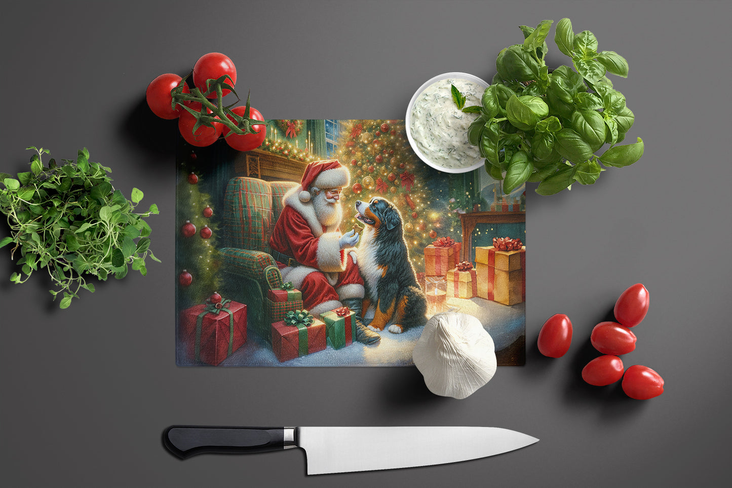 Bernese Mountain Dog and Santa Claus Glass Cutting Board