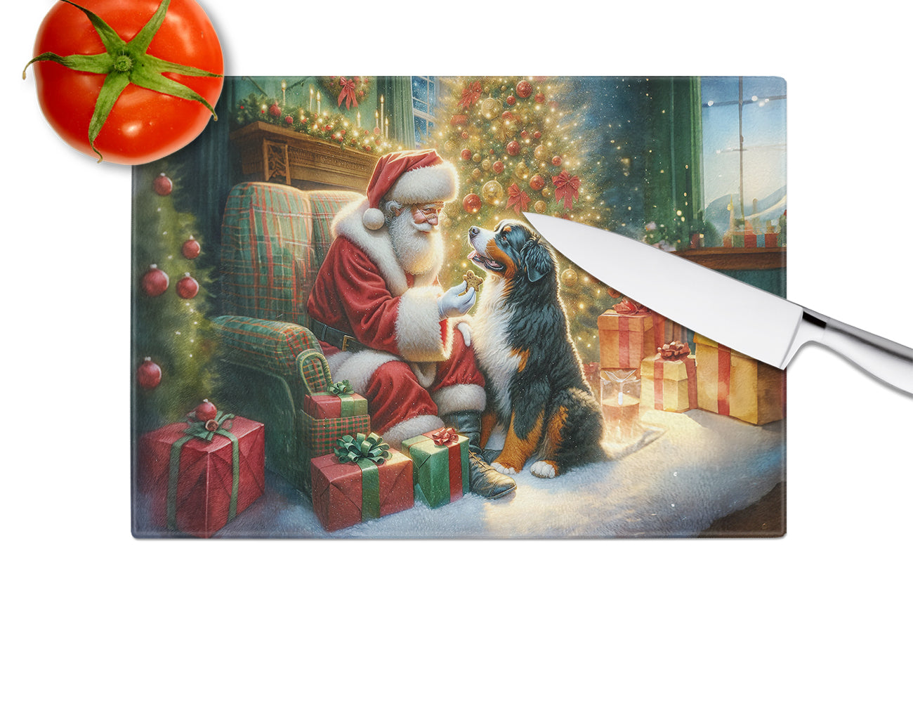 Bernese Mountain Dog and Santa Claus Glass Cutting Board