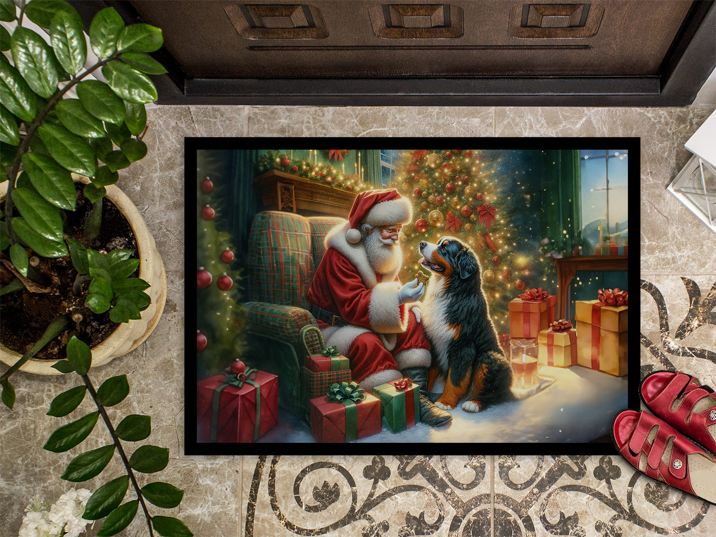 Bernese Mountain Dog and Santa Claus Doormat