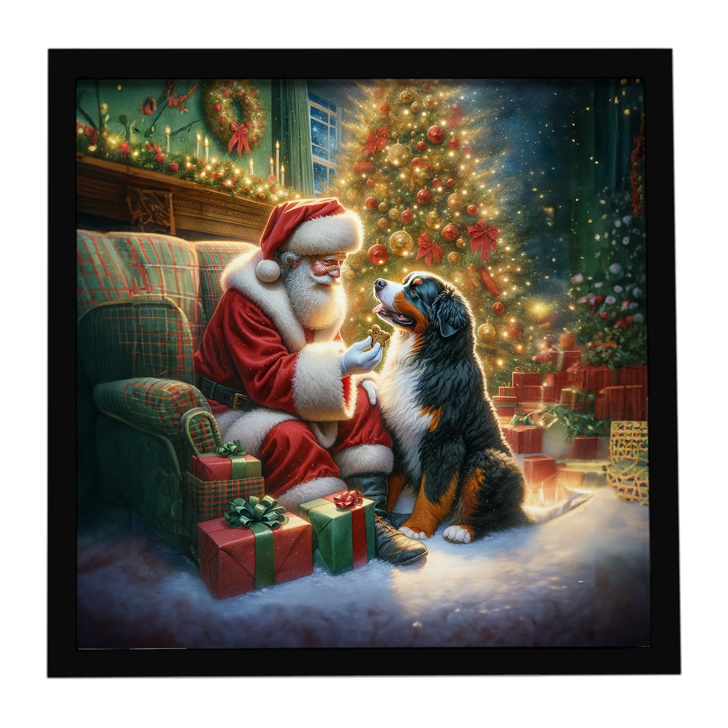 Buy this Bernese Mountain Dog and Santa Claus Framed Metal Print