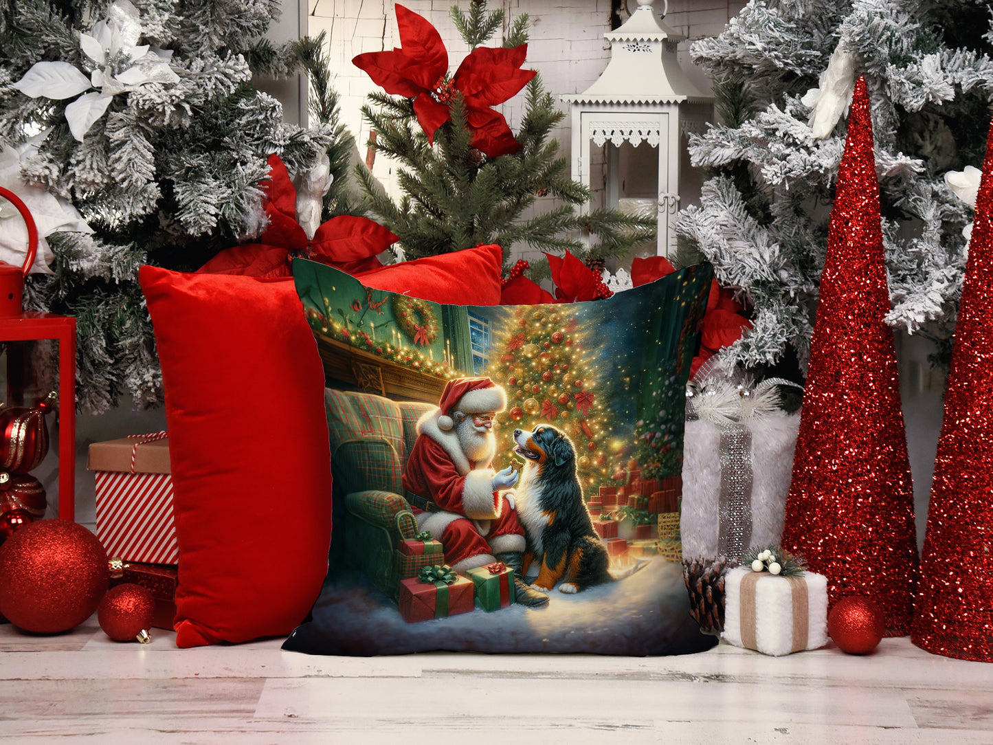 Bernese Mountain Dog and Santa Claus Throw Pillow