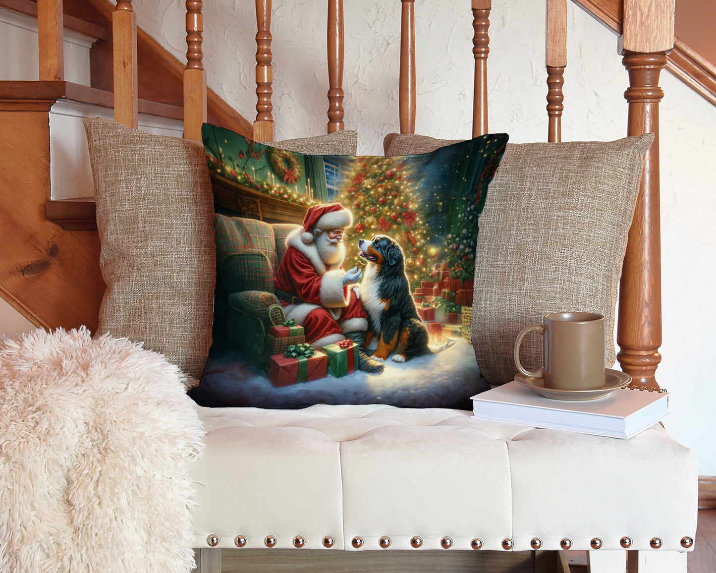 Bernese Mountain Dog and Santa Claus Throw Pillow