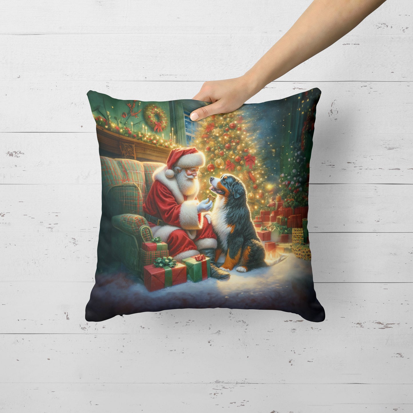 Bernese Mountain Dog and Santa Claus Throw Pillow