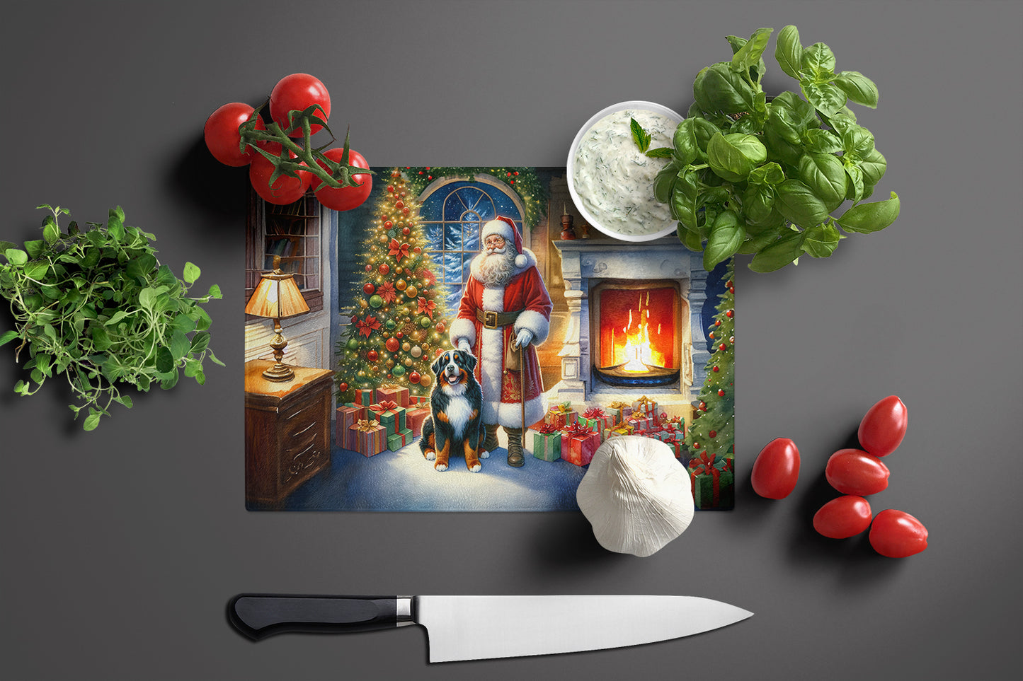 Bernese Mountain Dog and Santa Claus Glass Cutting Board