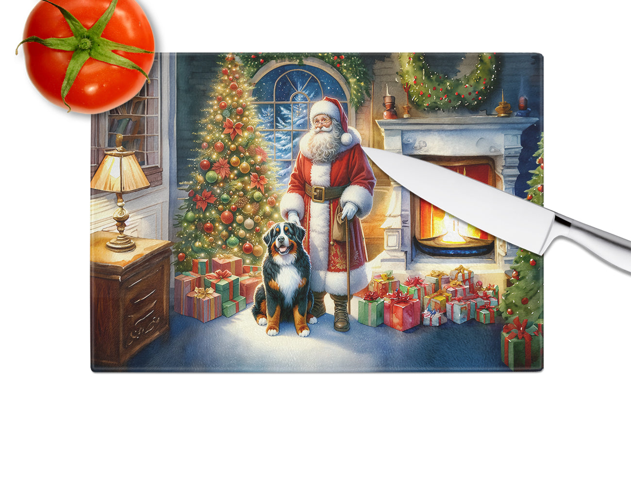 Bernese Mountain Dog and Santa Claus Glass Cutting Board