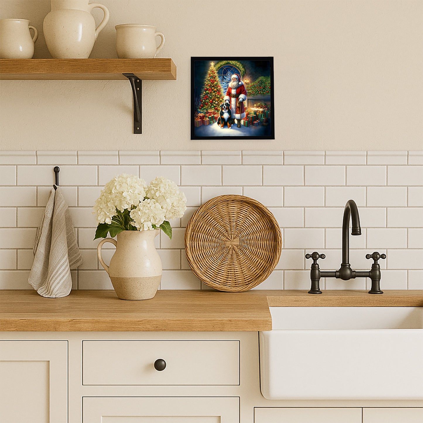 Bernese Mountain Dog and Santa Claus Framed Metal Print