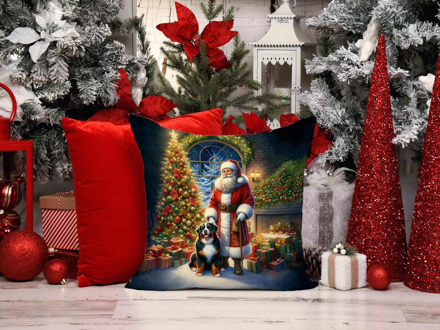 Bernese Mountain Dog and Santa Claus Throw Pillow